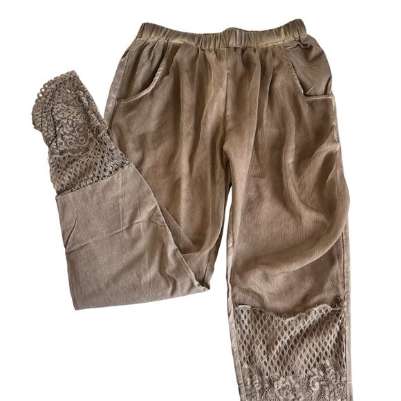Pretty Angel Tan Brown Linen Blend Pull On Tapered Pants Artsy Eclectic Medium - Picture 1 of 8